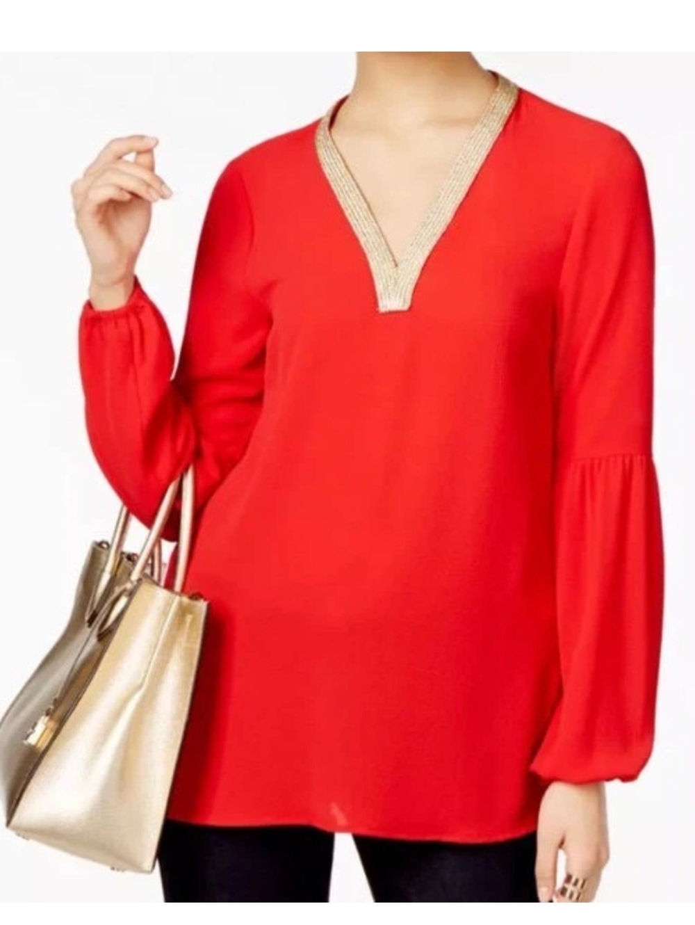 Michael Kors Metallic Trim Red Tunic Blouse